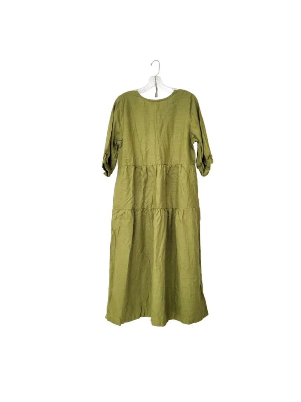 Conscious Clothing Olive Green Tiered Linen Midi Dress With 3/4 Sleeves Sustaina - Picture 2 of 7